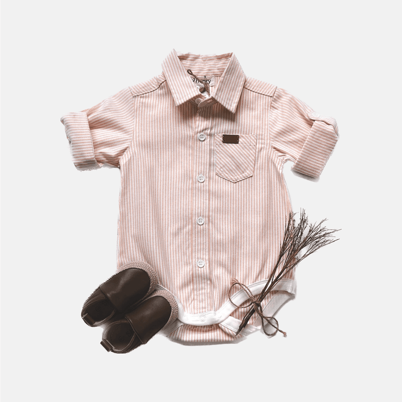 Baby Boys Dress Shirt Romper -  Tangerine Pinstripe