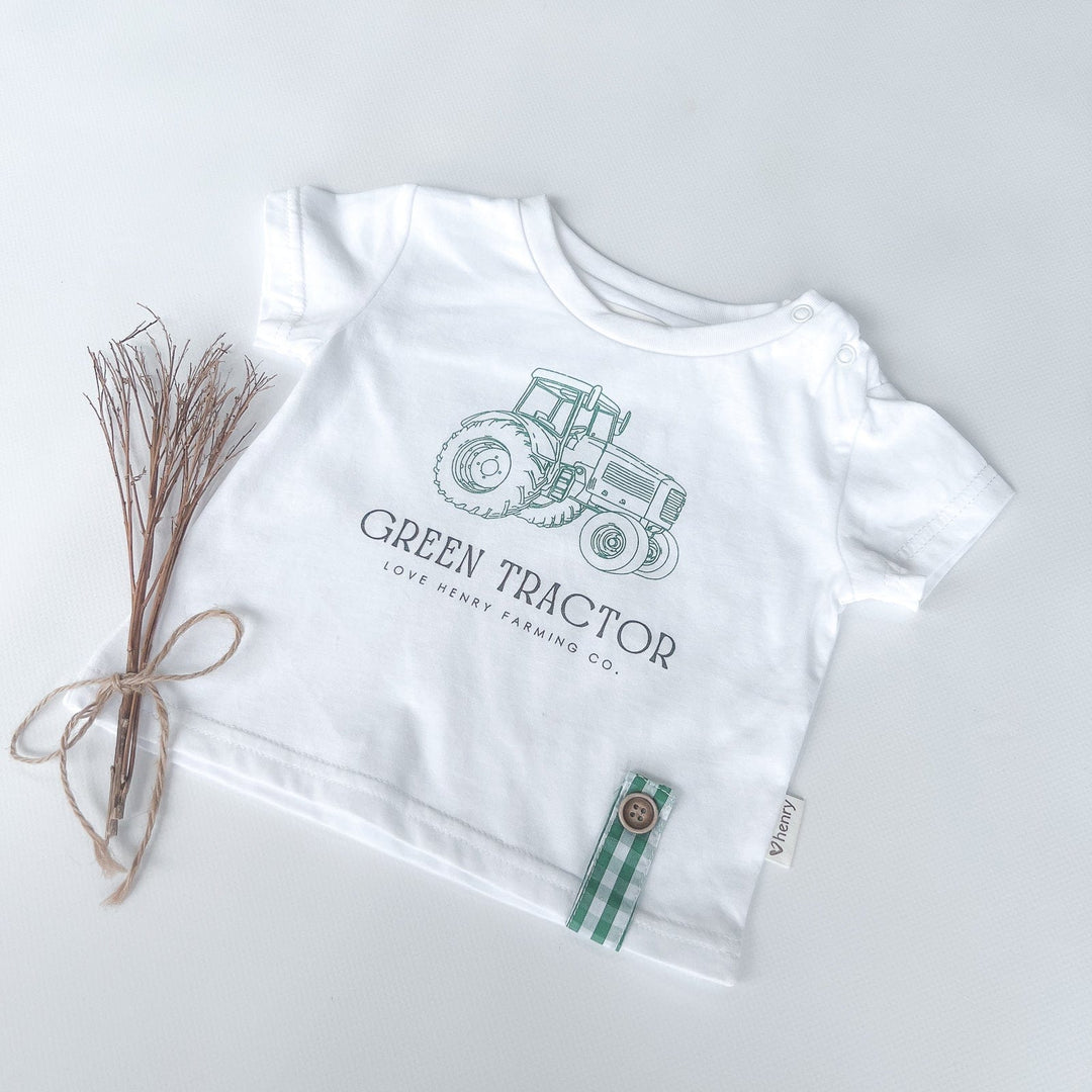 Love Henry Tops Baby Boys Green Tractor Tee - White