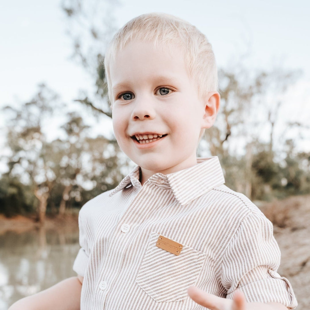 Love Henry Tops Boys Dress Shirt - Beige Pinstripe