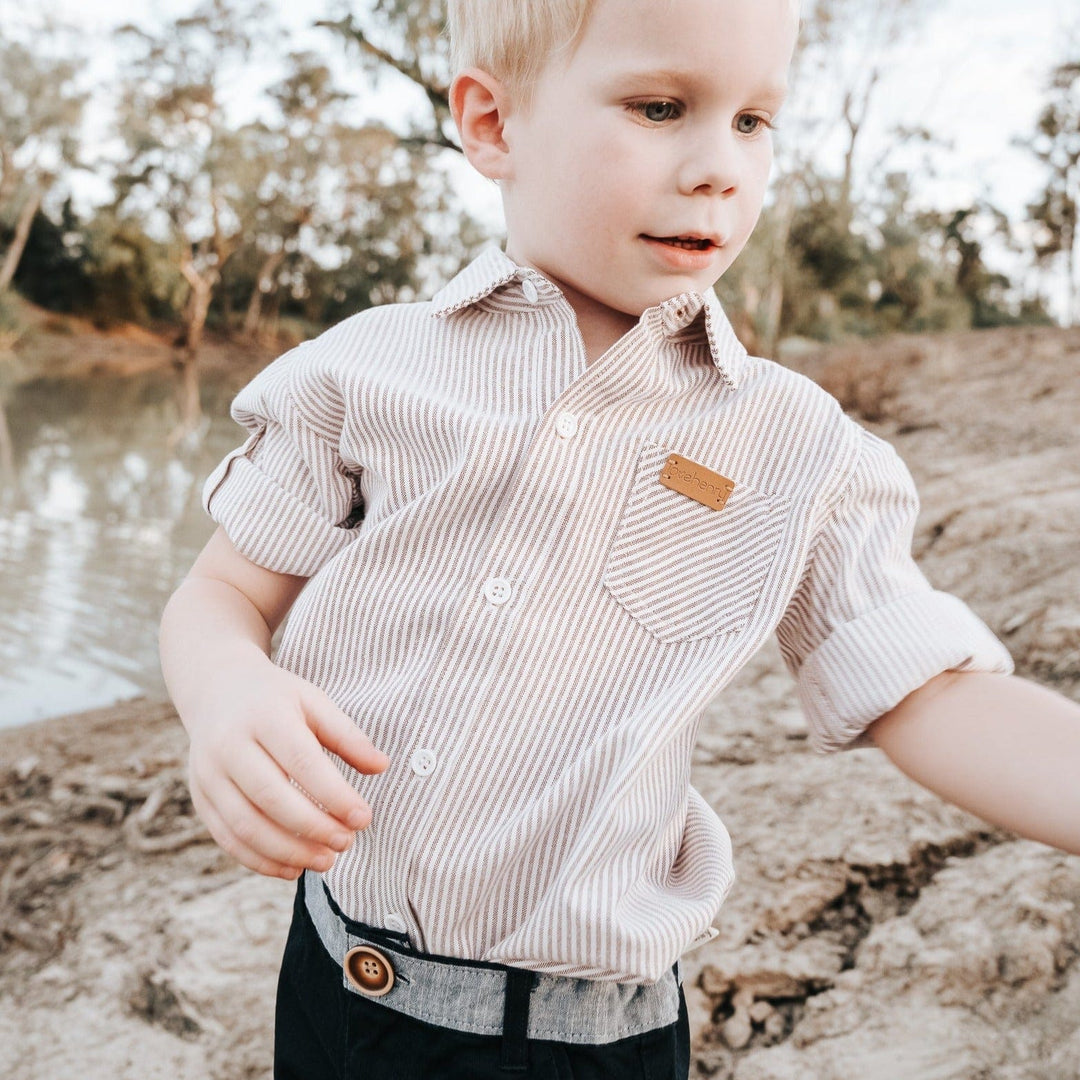 Love Henry Tops Boys Dress Shirt - Beige Pinstripe