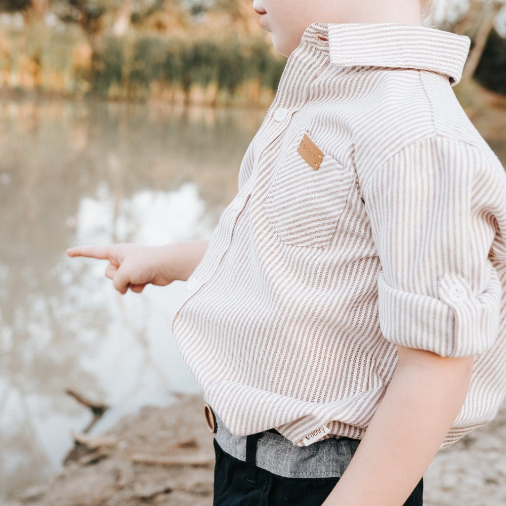 Love Henry Tops Boys Dress Shirt - Beige Pinstripe
