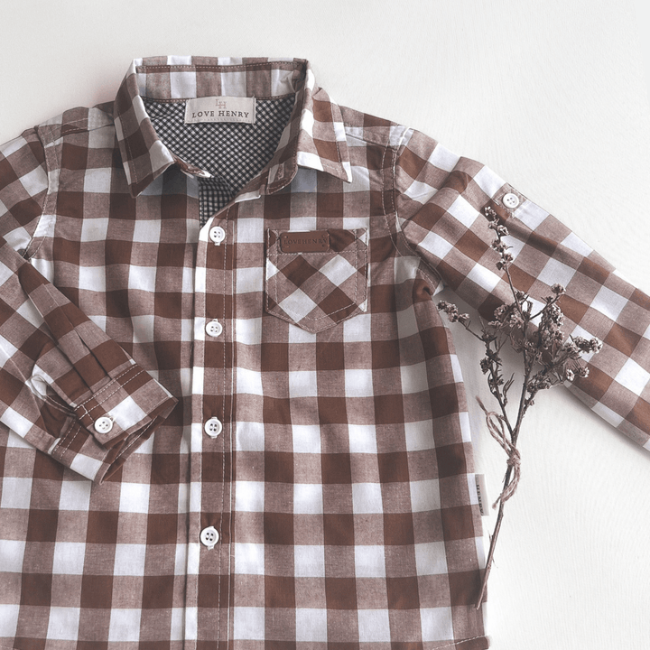 Love Henry Tops Boys Dress Shirt - Large Bronze Check