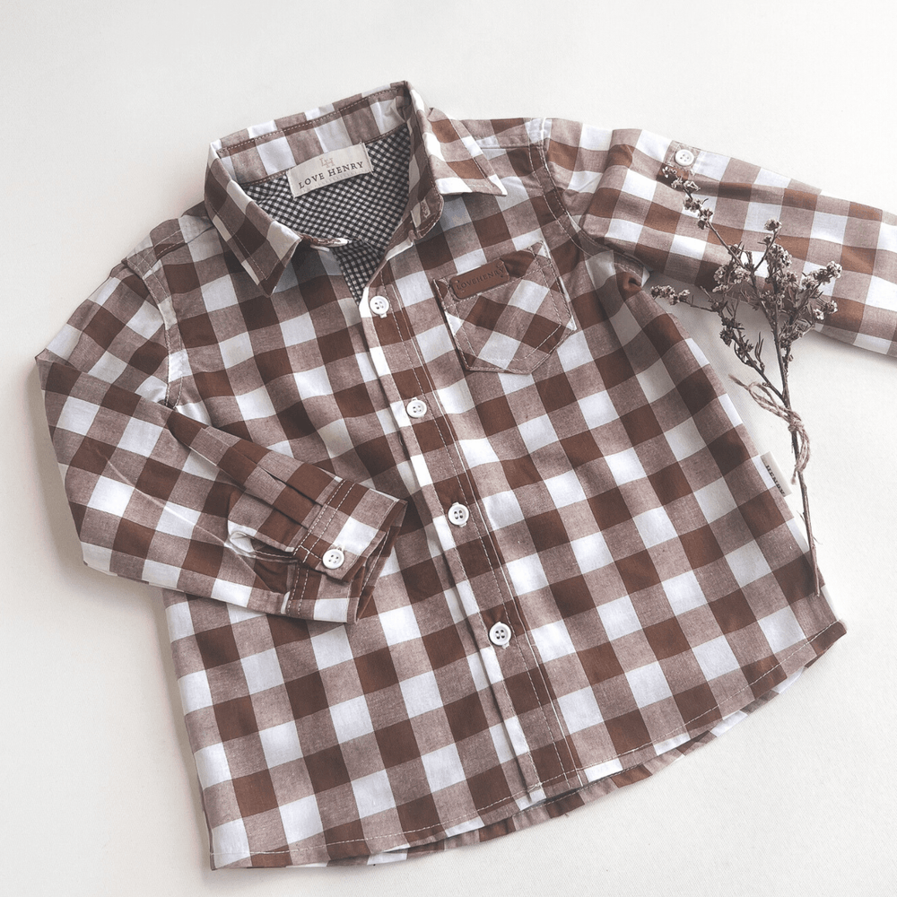 Love Henry Tops Boys Dress Shirt - Large Bronze Check
