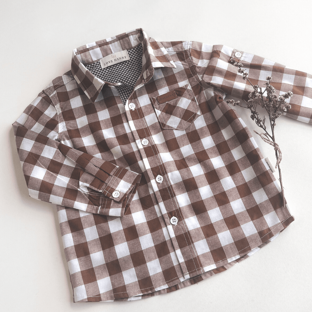 Love Henry Tops Boys Dress Shirt - Large Bronze Check