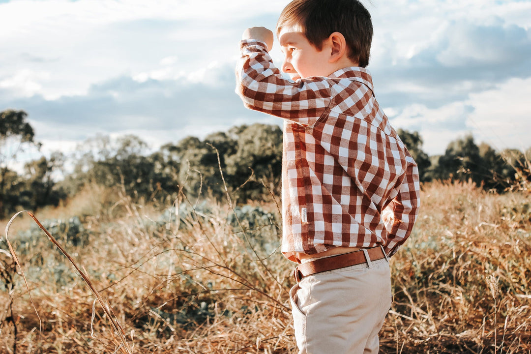 Love Henry Tops Boys Dress Shirt - Large Bronze Check