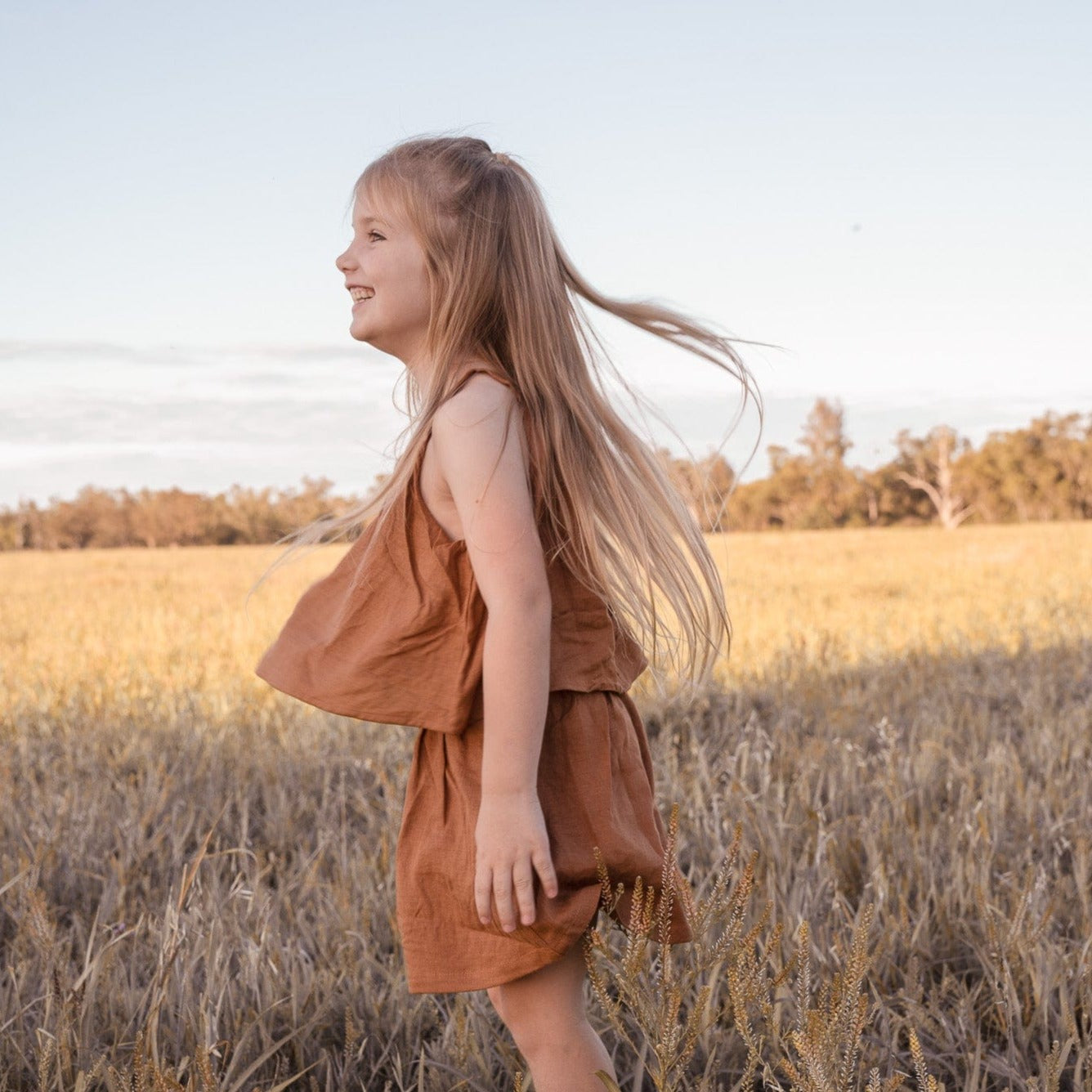 Love Henry Dresses Girls Tiered Dress - Bronze Linen
