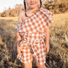 Load image into Gallery viewer, Love Henry Playsuits Girls Rosie One-Shoulder Playsuit - Bronze Check
