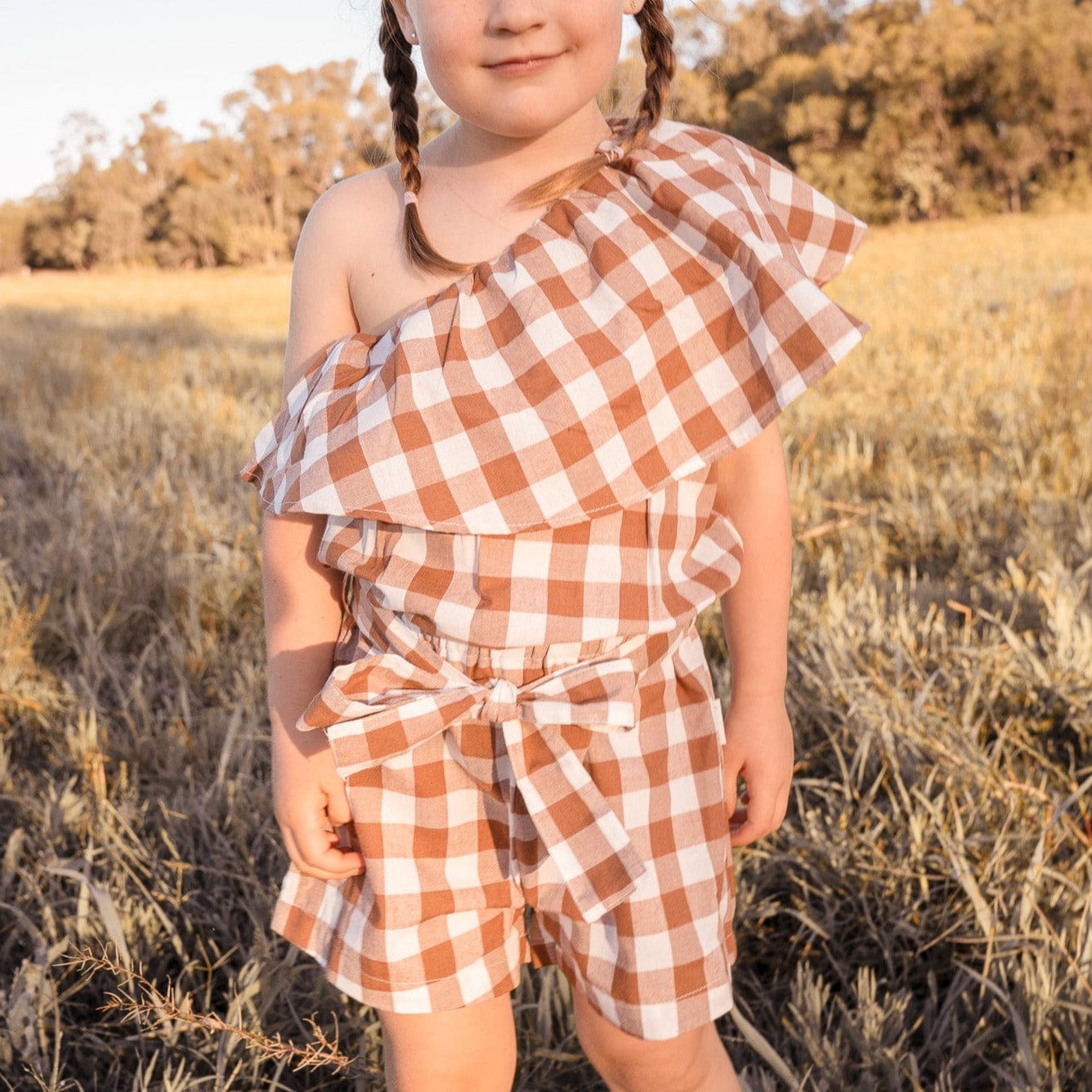 Love Henry Playsuits Girls Rosie One-Shoulder Playsuit - Bronze Check