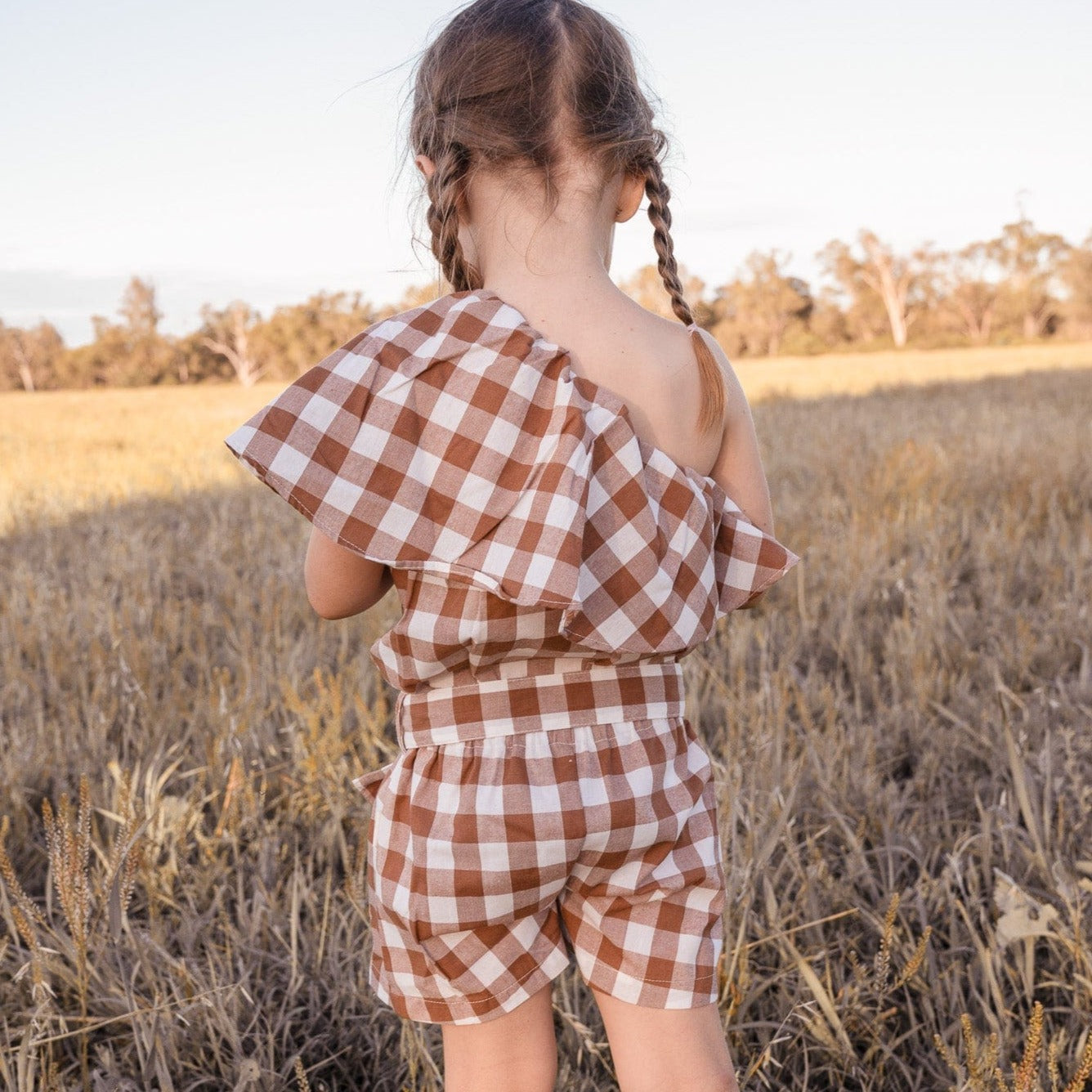 Love Henry Playsuits Girls Rosie One-Shoulder Playsuit - Bronze Check