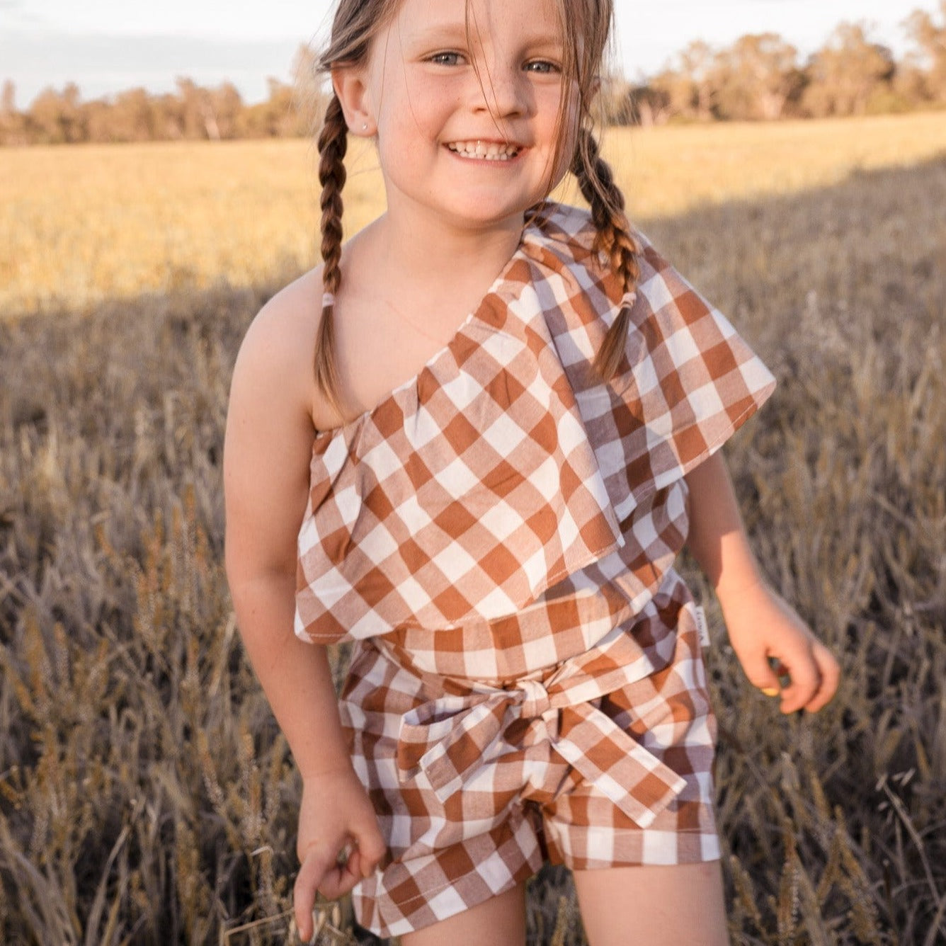 Love Henry Playsuits Girls Rosie One-Shoulder Playsuit - Bronze Check
