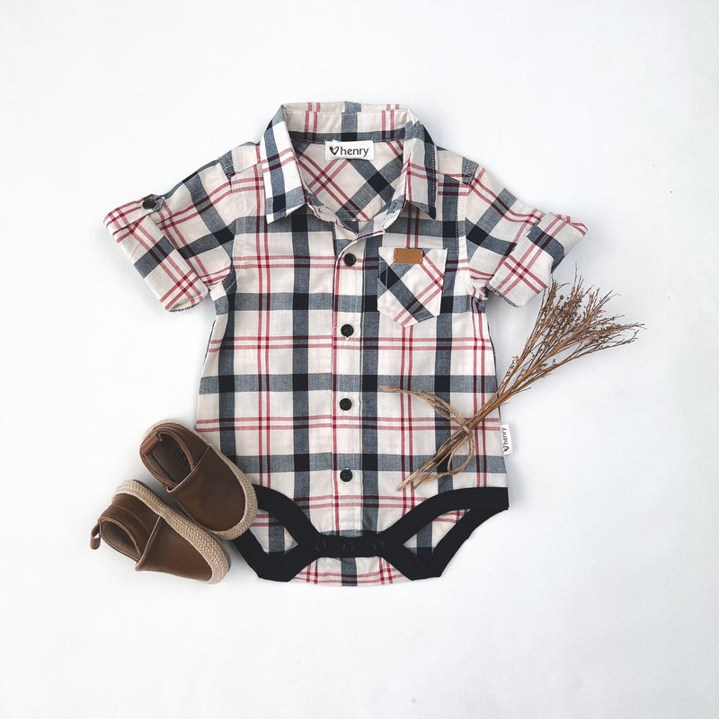 Baby Boys Dress Shirt Romper - Cream / Navy / Red Plaid