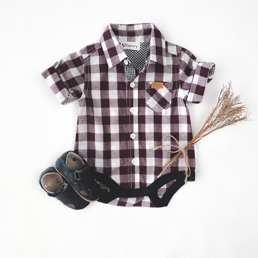 Love Henry Rompers Baby Boys Dress Shirt Romper -  Large Maroon Check