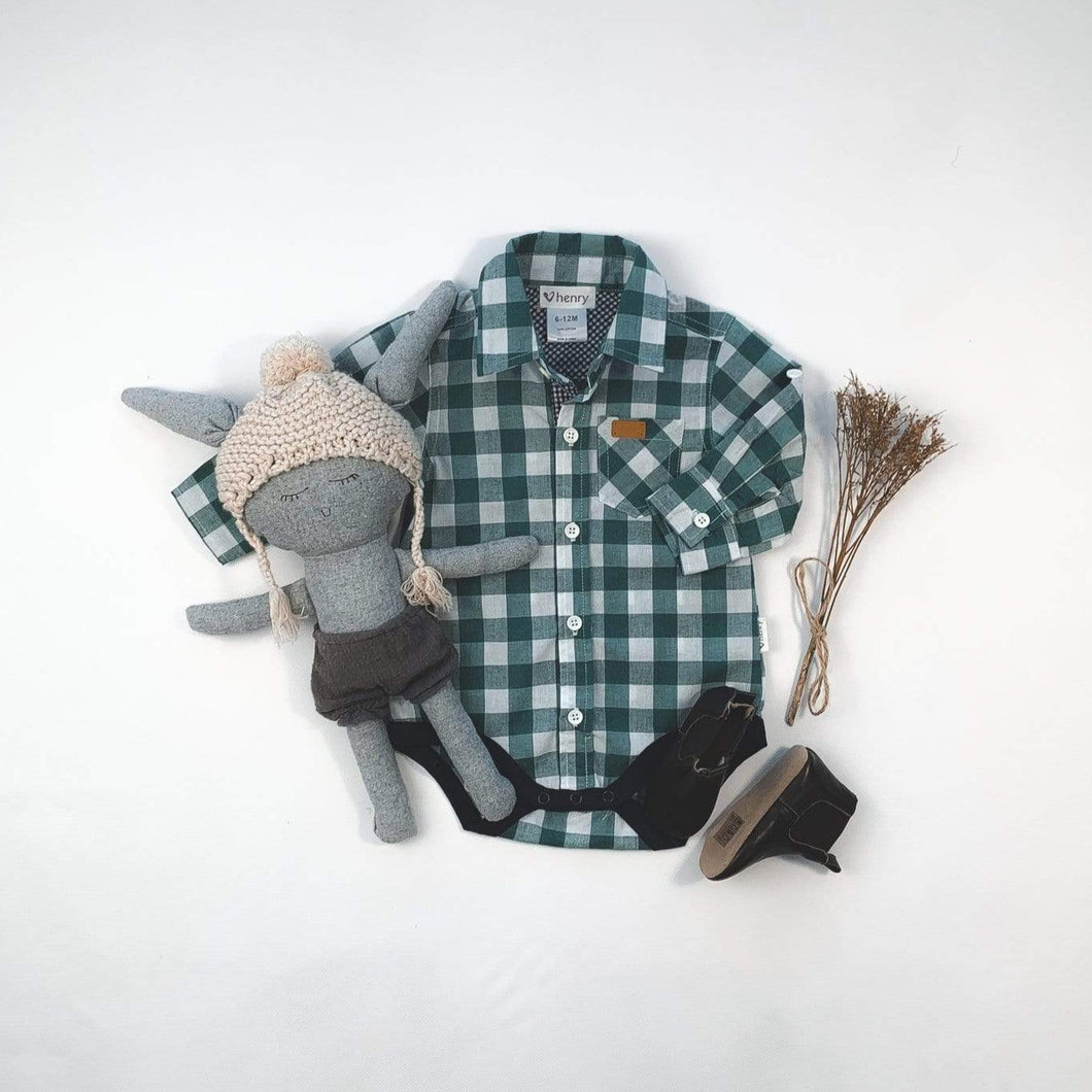 Love Henry Rompers Baby Boys Dress Shirt Romper -  Large Turquoise Check