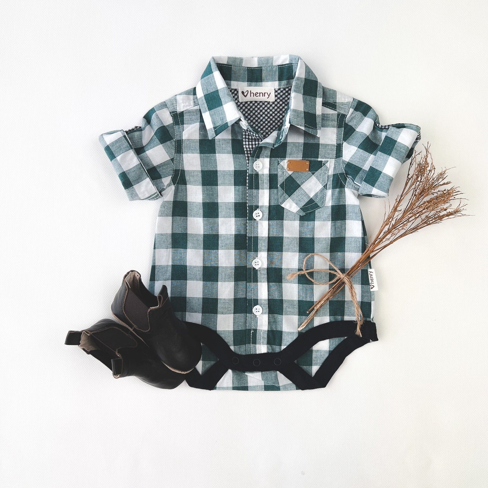 Love Henry Rompers Baby Boys Dress Shirt Romper -  Large Turquoise Check