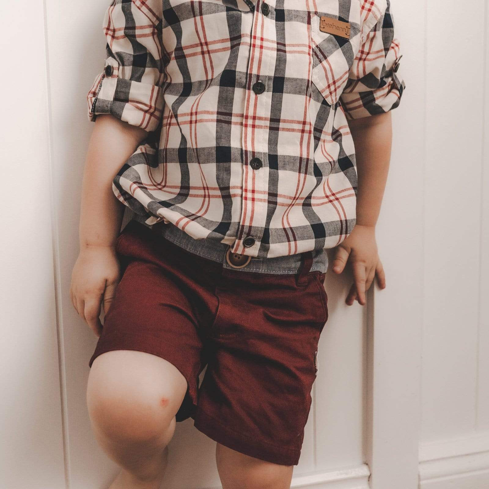 Love Henry Tops Boys Dress Shirt - Cream / Navy / Red Plaid