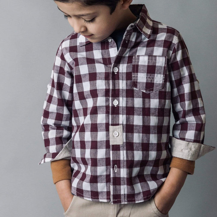 Love Henry Tops Boys Large Gingham Check Shirt - Maroon